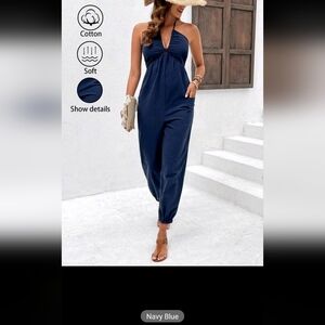 SHEIN Blue Jumpsuit with Tapered Fit and V-Neckline
